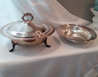 Vintage Silver Serving Bowl Set FB Rogers 50's Footed Silver Bowl With Lid & Sheridan Silver Bowl-Beautiful Wedding Table Serving Bowl Set