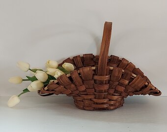 RARE 19th Century Antique Splint Weave Gathering Basket With Bentwood Handle 16" Long Hand Woven-Unique Boho to Farmhouse Home Decor Basket