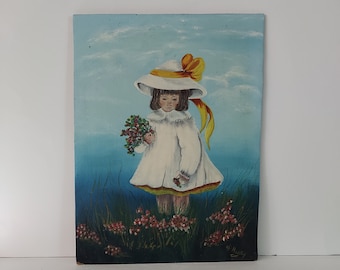 Vintage Original Painting of Girl In Field Of Flowers Signed VG Honey-Rare Girl Painting 12x16" Art On Canvas Over Panel Board Folk Art
