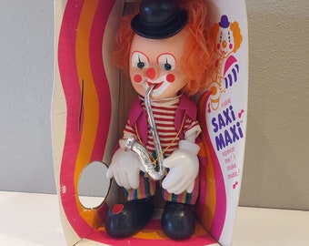 RARE 1978 Saxi Maxi Clown Doll Playing Saxophone 13" Plastic In It's Box Collectible Clown by Eugene Doll & Novelty Company New York