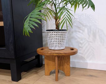 RARE VTG 70's Handmade Solid Oak Step Stool With Interlocking Legs And Cut Out Handles Saddleback Styled Stool-Oak Step Stool to Plant Stand