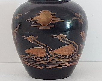 RARE Vintage Mixed Metal Black Brass Vase With With Gold Swans Art Of Chokin Style India-50s Small Brass Black Swan Moon Vase Shelf Décor