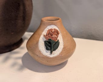 RARE Original Hopi Tewa Pottery Vase Clay Pottery with Raised Rose Detail Hand Painted Signed-Tewa Native American Collectible Pottery