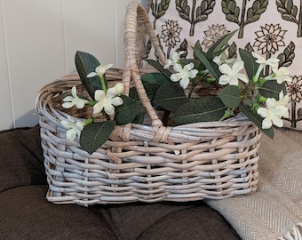 RARE VTG French Rattan White Washed Gathering Basket With Wrapped Double V Handle-Hand Woven French Gathering Basket-Boho Farmhouse Decor