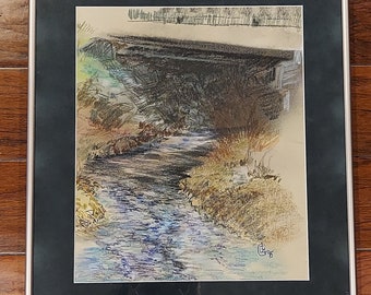 Vintage Original Creek Bed Bridge Painting Signed 95-Vintage Framed Bridge River Painting Wall Art Moody Home Decor Neutral Colors