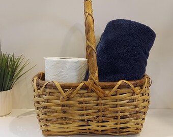 RARE Antique Handwoven Bamboo Gathering Basket With Bamboo Handle Signed-Lovely Crisscross Bamboo Wicker Basket-Picnic Basket-Storage Basket