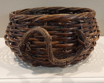 RARE Primitive French Wicker Basket With Curved Wood Side Handles Handmade-Unique Plant Basket-Basket Decor-Boho to Farmhouse Basket