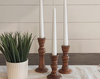RARE Vintage 70's Set of Hand Turned Wooden Candlesticks-3 Graduated Height Wood Candlesticks-Wood Candle Home Decor-Wedding Candle Trio