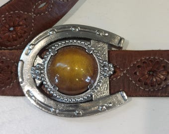 80's Vintage Silver Plate Horseshoe Belt Buckle With LG Oval Brown Stone Cabochon Center-Ornate Good Luck Horseshoe Belt Buckle Western Wear