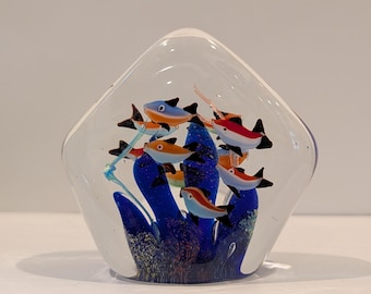 RARE MCM Murano Glass Paperweight Aquarium With 10 Fish & Sommerso Blue Coral Reef Base Pentagon Shaped-Murano Fish Glass Paperweight
