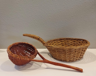 RARE Antique Wicker Offering Basket With Handle & Primitive Wicker Strainer Ladle With Wood Stick Handle Early 20th Century Basket Decor