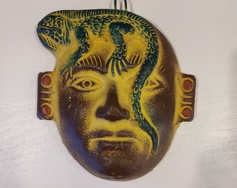 RARE Vintage Mexico Clay Large Face with Lizard Sculptured Wall Mask-Amazing Handmade Tribal Like Mask With Large Lizard on top Of The Head