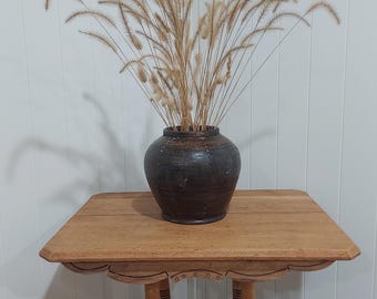 RARE Antique Primitive Black Glazed Clay Martaban Jar Oil/Grain Vessel-Hand Crafted Circular Patterned Black Clay Pottery-Boho to Farmhouse