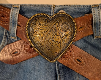 RARE VTG Brass Western Heritage Floral Heart Belt Buckle With Rope Detail & Minute Man Soldier Mark USA-Statement Heart Buckle-Collectible