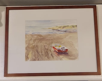 RARE Original Watercolor Painting Ocean Shore Boat Scene Signed J Caborn A Long Way To Go-Impressionism Art-Ocean Shore Nautical Art
