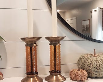 RARE 70s Brass & Amber Glass Candle Holders India-Hammered Amber Glass Candlesticks For Pillar and Taper Candles- Neutral Home Decor-Fall