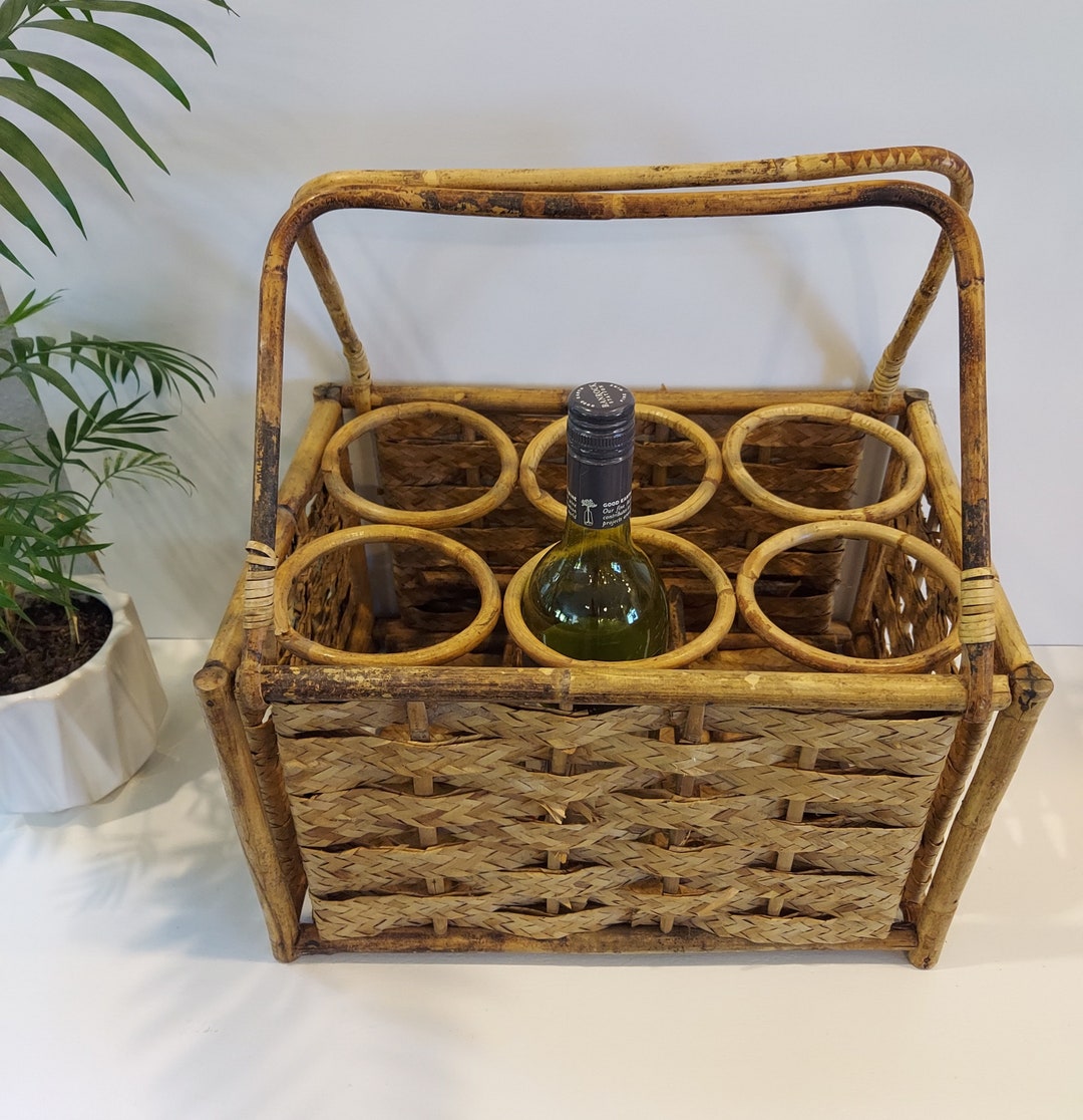 RARE Mid Century French Rattan Wicker Wine Bottle Holder Basket With