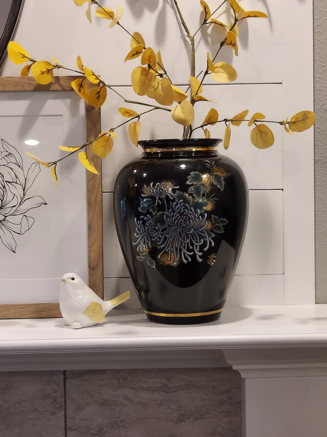 70s Vintage Japanese Ceramic Cloisonné Vase Black With Large