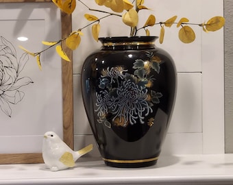 70s Vintage Japanese Ceramic Cloisonné Vase Black With Large
