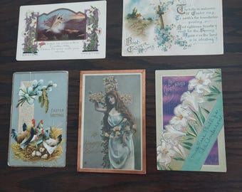 7 postales antiguas raras de Pascua de 1910 a 1913 con 6 sellos de Washington y 1 marco de cobre vintage de Harvey's Wallhangers. Postal rara de Tuck & Sons.