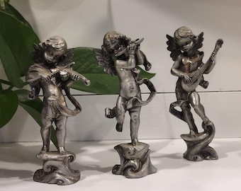 RARE 1950s Set of Italian Angel Fairy Figurines With Musical Instruments-3 Miniature Cast Lead Musical Fairies Figurine Cherubs-Music Lovers