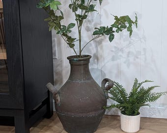 Antique 19th Century Middle East Bronze Copper Jug Vase With Double Robust Handles & Globular Body-Primitive hand forged aged Copper Vessel