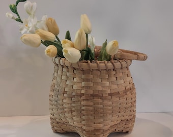 80s RARE Native Handwoven Splint Ash Wicker Basket Cats Head Style with Swing Handle Signed-Shakers Cats Head Basket-Boho to Farmhouse Decor