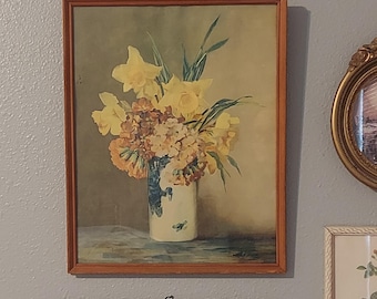 VTG 1930's Max Streckenbach Daffodils Flowers Vase Lithograph framed 15"x12" Gallery wall Art-German Still Life Painting Soft Moody Wall Art
