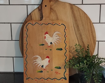 VERY RARE 50's Hand Painted WoodPecker Wood Ware Cutting Board With White Roosters Japan-Rooster Folk Art Cutting Board-Boho to Farmhouse