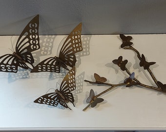 Rare VTG Brass Butterfly Wall Decor-3D Brass Butterflies on Branch Sculpture & 3 Homco Brass Butterflies Sit or Hang-Boho Butterfly Decor