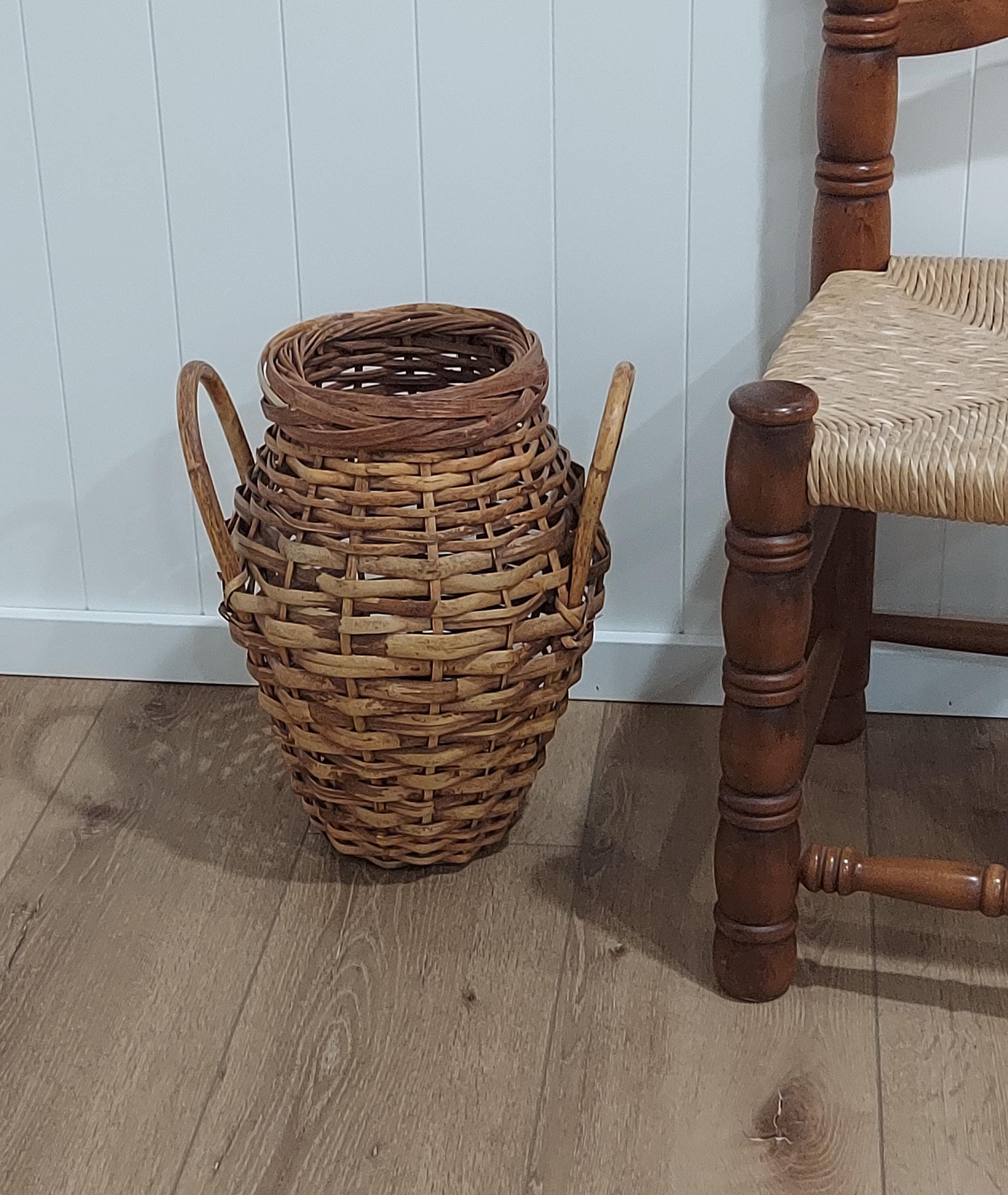 RARE Antique French Rattan Cane Wicker Floor Basket With Side