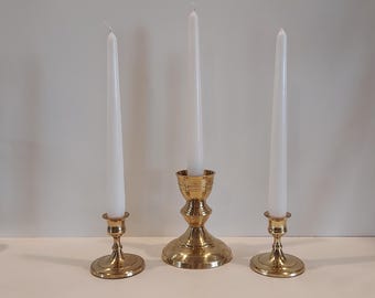 RARE Mid Century Modern Brass Semi sphere Candlestick With 2 Smaller Candlesticks India-Unique Gold Wedding Trinity Candle Set 3 piece Retro