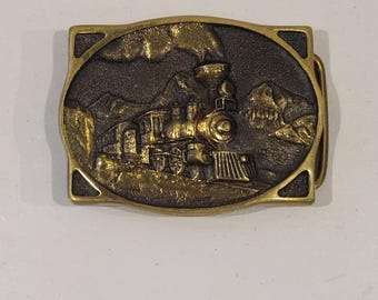 Estate Vintage Solid Brass Train Belt Buckle Heritage Mint 1976 Collectible-Brass Railroad Train Steam Engine Belt Buckle- Train Collector