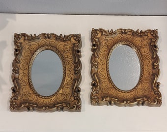 RARE Mid 20th Century Hollywood Regency Gold Frame Mirror Pair-Ornate French Style Gold Wall Mirrors Hang Vertical or Horizontal 9 x 8"