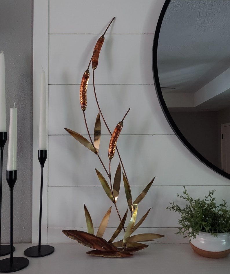 Vintage Brutalist Brass Copper Jere Style Cattail Sculpture Etsy