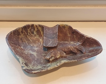 VERY RARE Antique Chinese Hand Carved Soapstone Ashtray with Fish Detail Chinese Qing (1644-1912)-Unique Chinese Dynasty Soapstone Ashtray