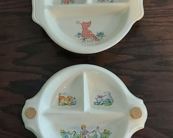 Rare Set of 1940s Childs Ceramic Warming Dish Bo Peep & Farm Play Divided Serving Bowls-40's Charming Nursery Rhyme Themed Baby Shower Dish