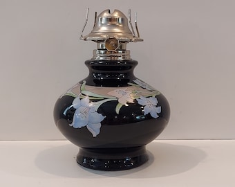 Vintage Kaadan Oil Lamp Black With Lilies Kerosene Oil Lamp-Vintage Black Kerosene Lamp With Blue & Pink Lilies With No Globe Lovely Lamp