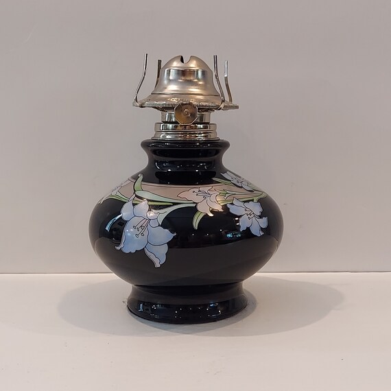 Vintage Kaadan Oil Lamp Black With Lilies Kerosene Oil Etsy