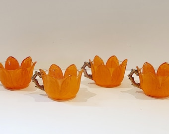 4 vasos antiguos de vidrio Westmoreland con forma de tulipán y asas de ramita, ideales para ponche o postres. Decoración de mesa para Halloween y Acción de Gracias.