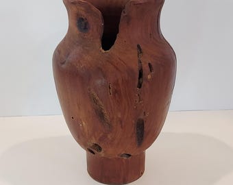 RARE VTG Primitive Brutalist Hand Turned Burlwood Vase Sculpture Art Decor Wabi Sabi Collectible-Original Rustic Folk Art Wood Vase Decor