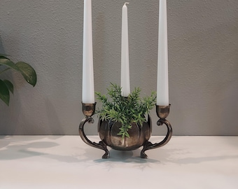 Mid Century Silver Plated 3 Arm Candelabra Lotus Bowl Flower Holder-Rustic Vintage Wedding Candle Decor-Boho to Farmhouse Home Candle Decor