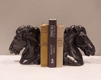 RARE 70's Pair of Ceramic Horse Head Bookends Charcoal Gray Signed-VTG Gray Stallion Horse Head Bookends Equestrian Décor-Horse Home Decor