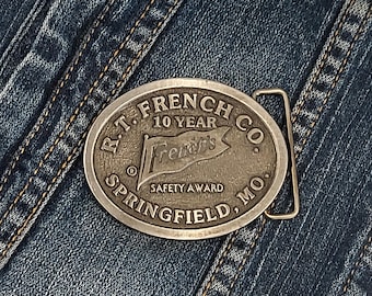 Rare French's RT French Company Belt Buckle 10 year Safety Award Springfield MO by Hit Line USA-Collectible French's Belt Buckle Silver Gray