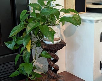 RARE 60s Spanish Hand Turned Wood Candle Holder Plant Holder Stand Marked Spain-VTG Carved Twisted Wood Candle Holder-Brutalist Rustic Decor