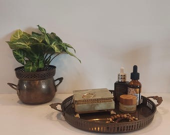 RARE VTG Set Solid Brass Tray With Pierced sides & Floral Carved Handles And a Interpur Brass Planter with Floral Handles 20's to 40s-Boho