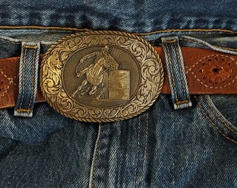 VTG Solid Brass Rodeo Barrel Racing Belt Buckle By Award Design Medals-RARE 70's Oval Western Wear Buckle With Intricate Horse Head Border