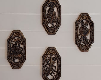 RARE MCM HOMCO Wall Plaques in Black Gold Medieval Coat of Arms Design-4 Black Gold Medieval Wall Plaques Gothic Spanish Home Wall Décor