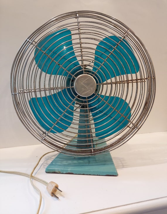 Vintage Aqua Superior Electric Fan Industrial Metal Tabletop