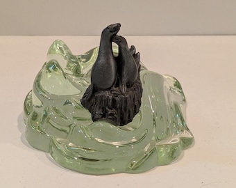 VERY RARE 80s Kitty Cantrell Style Mixed Media Glass Water Sculpture With Sea Lions Seal it with a Kiss Pewter Accent-Decor or Paperweight
